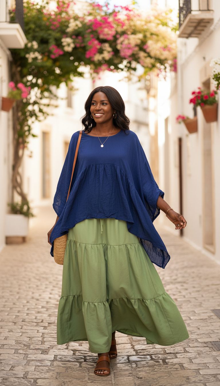 Ensemble jupe haut femme coton vert bleu