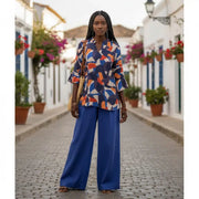 Ensemble lin femme bleu et haut multicolore