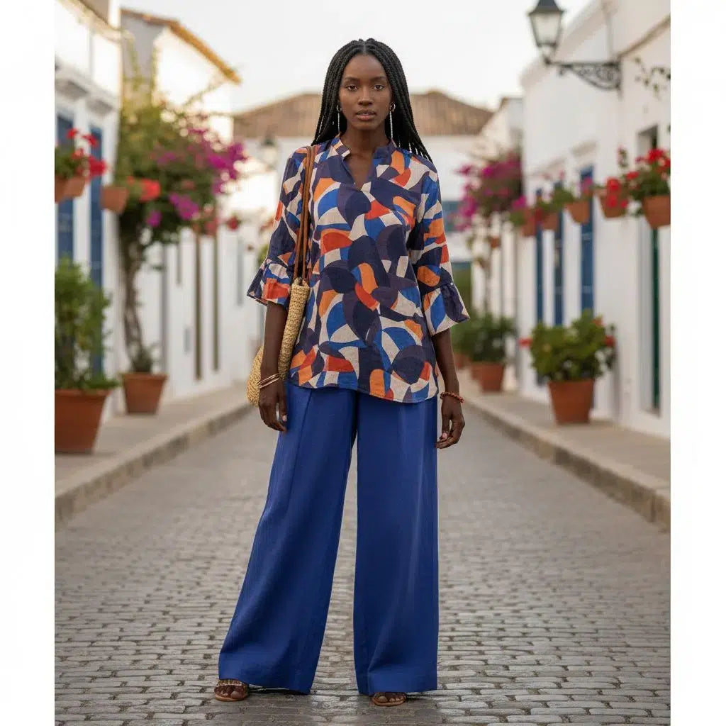 Ensemble lin femme bleu et haut multicolore