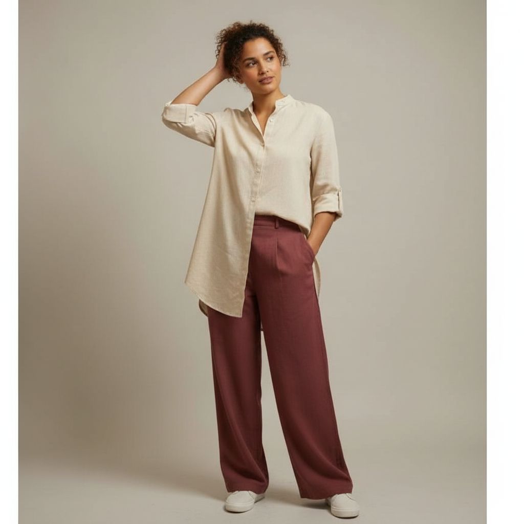Ensemble lin femme beige et bordeaux, pantalon ample et chemise élégante