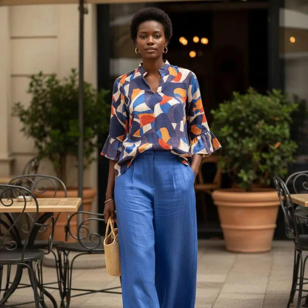 Ensemble lin femme bleu et haut multicolore