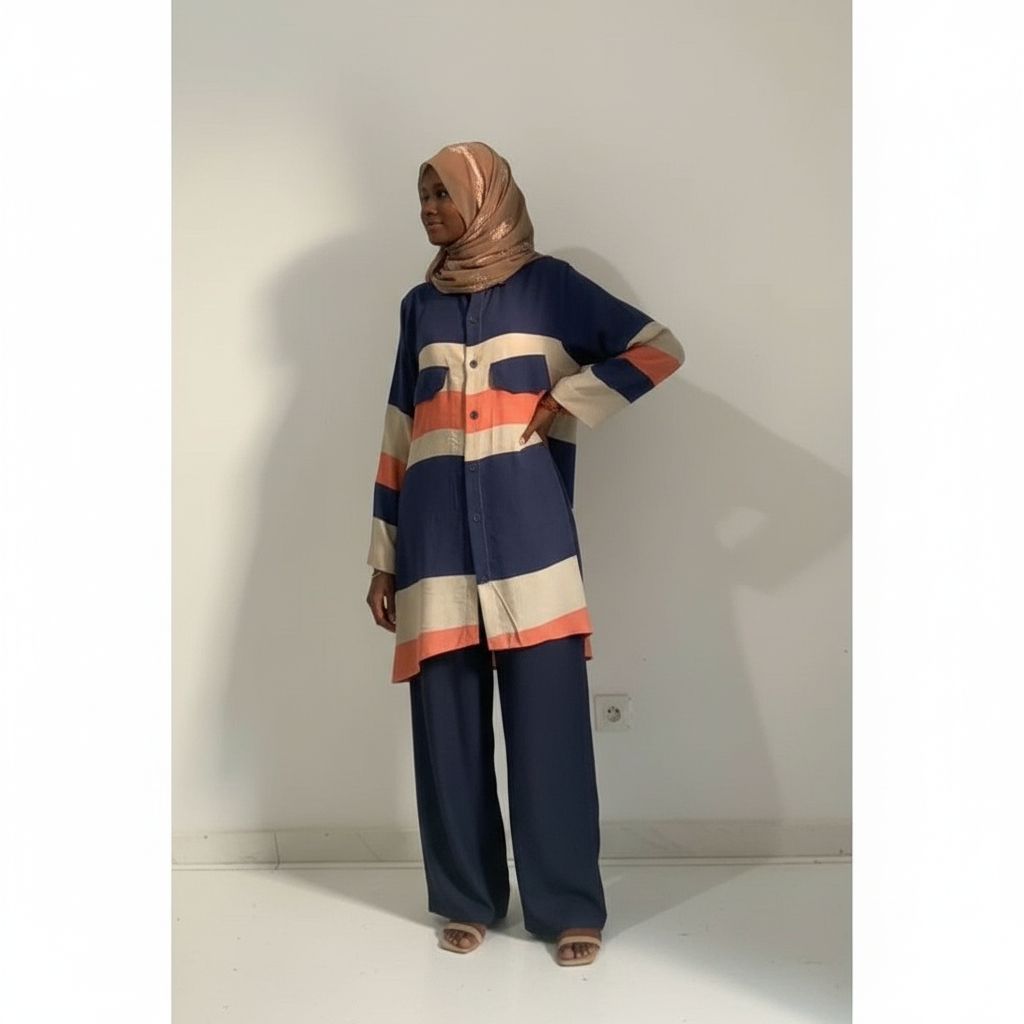 Ensemble lin femme multicolore chemise longue et pantalon