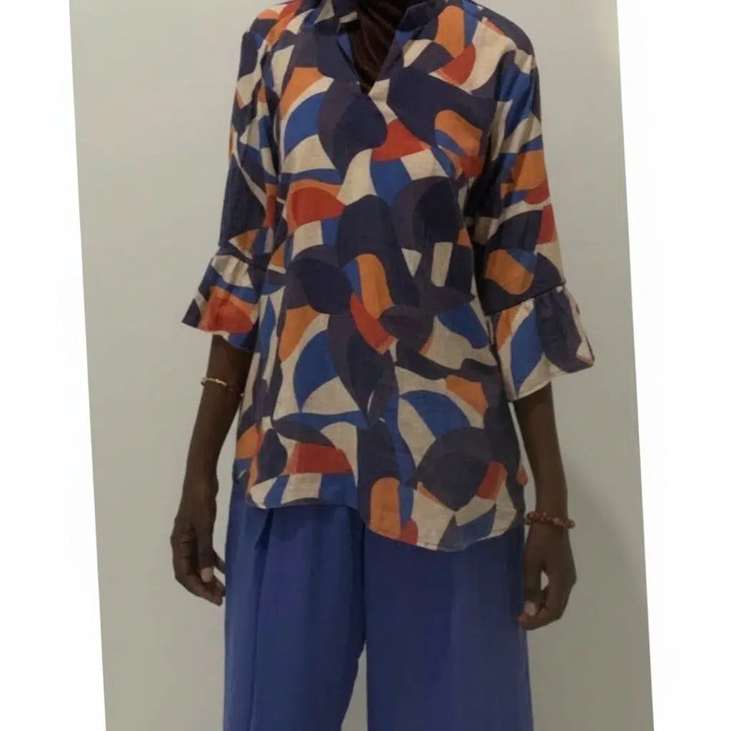 Ensemble lin femme bleu et haut multicolore