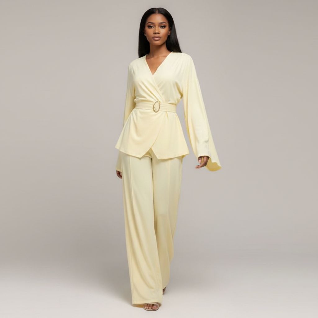 Ensemble pantalon femme chic fluide et veste jaune pastel élégant