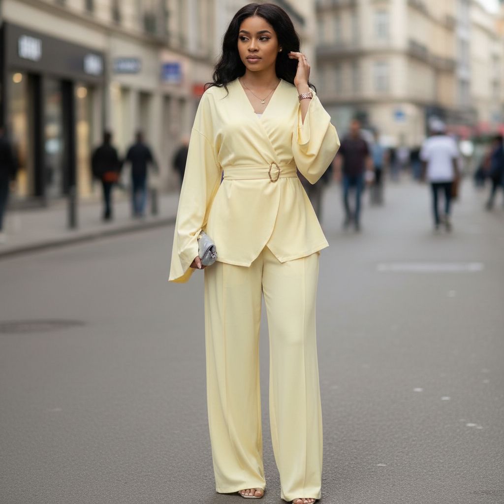 Ensemble pantalon femme chic fluide et veste jaune pastel élégant