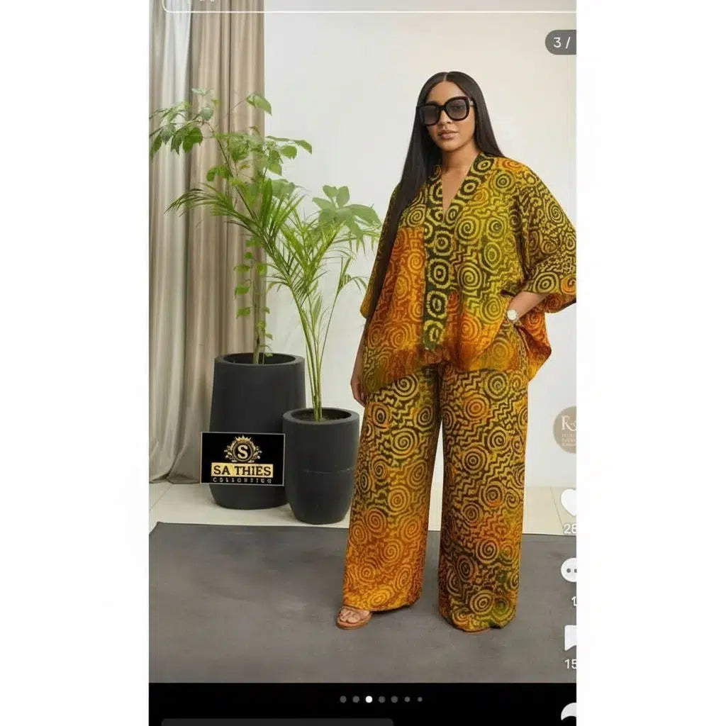 Ensemble pantalon femme chic vert et jaune