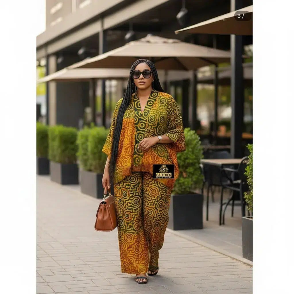 Ensemble pantalon femme chic vert et jaune