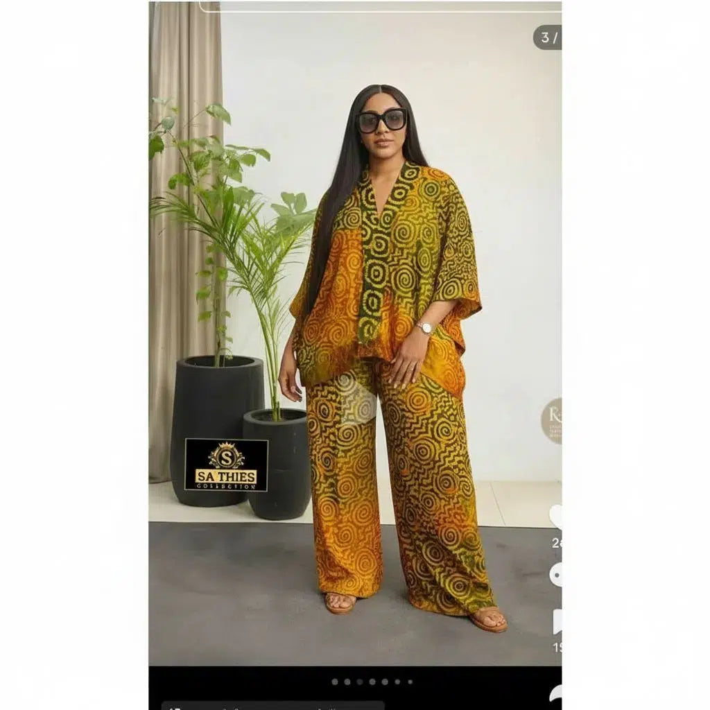 Ensemble pantalon femme chic vert et jaune
