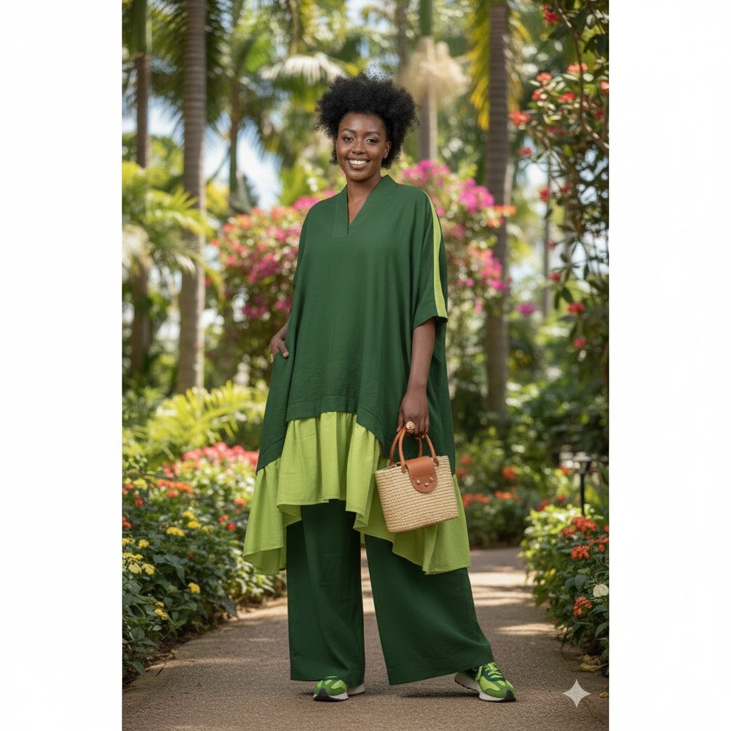 Ensemble pantalon haut femme vert ample taille L