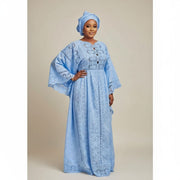 Ensemble robe africaine femme bleu blanc rouge élégant avec foulard