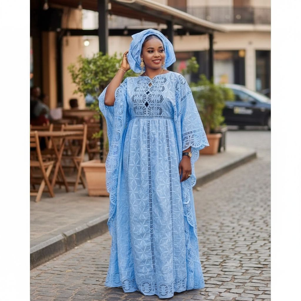 Ensemble robe africaine femme bleu blanc rouge élégant avec foulard