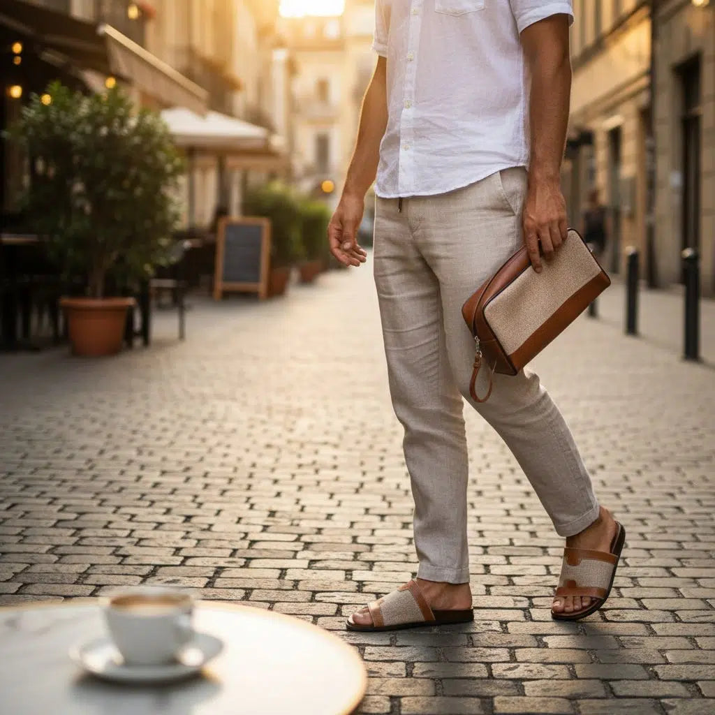 Ensemble sac et chaussures homme marron – Sandales élégantes et pochette