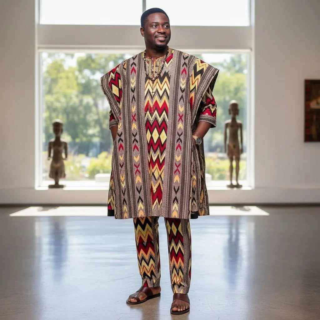 Ensemble tunique africaine homme multicolore et pantalon style Obasanjo