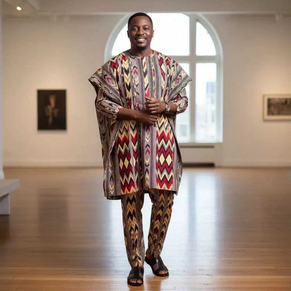 Ensemble tunique africaine homme multicolore et pantalon style Obasanjo