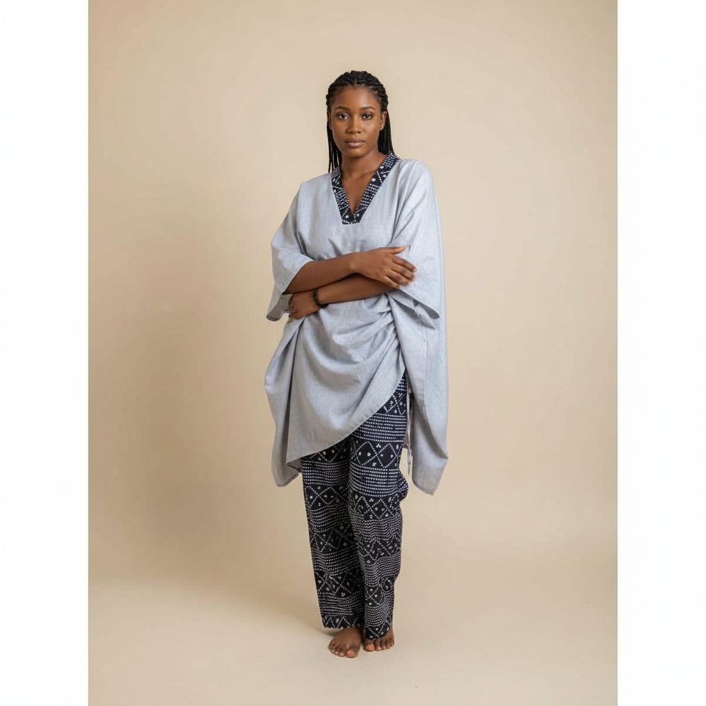 Ensemble tunique lin femme bleu et pantalon wax, tenue bohème chic