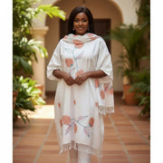 Ensemble pantalon et tunique dame en coton femme blanche brodée avec écharpe style Penjab élégant