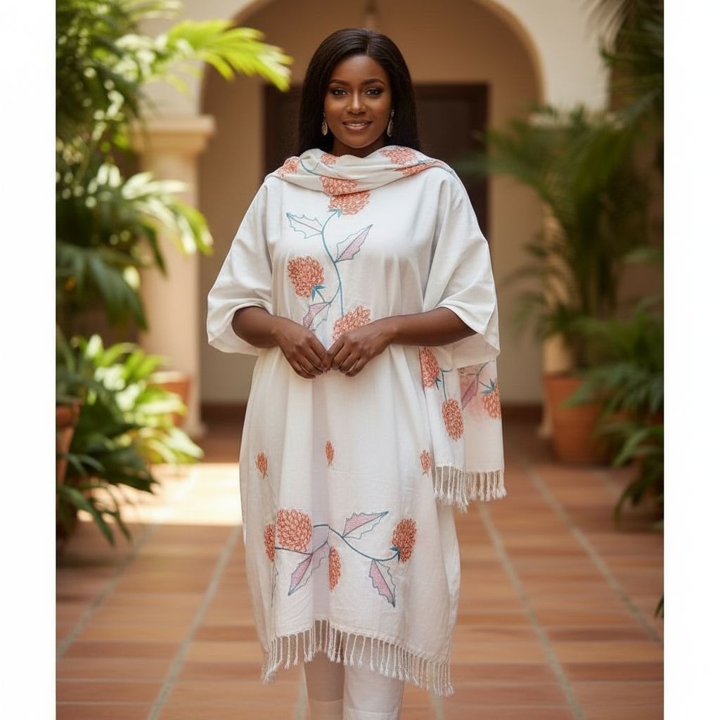 Ensemble pantalon et tunique dame en coton femme blanche brodée avec écharpe style Penjab élégant