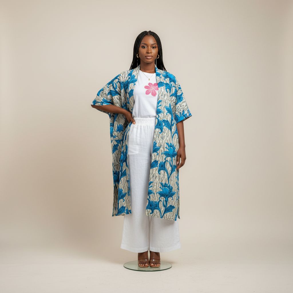 Ensemble tunique wax femme et pantalon lin blanc, grande taille chic