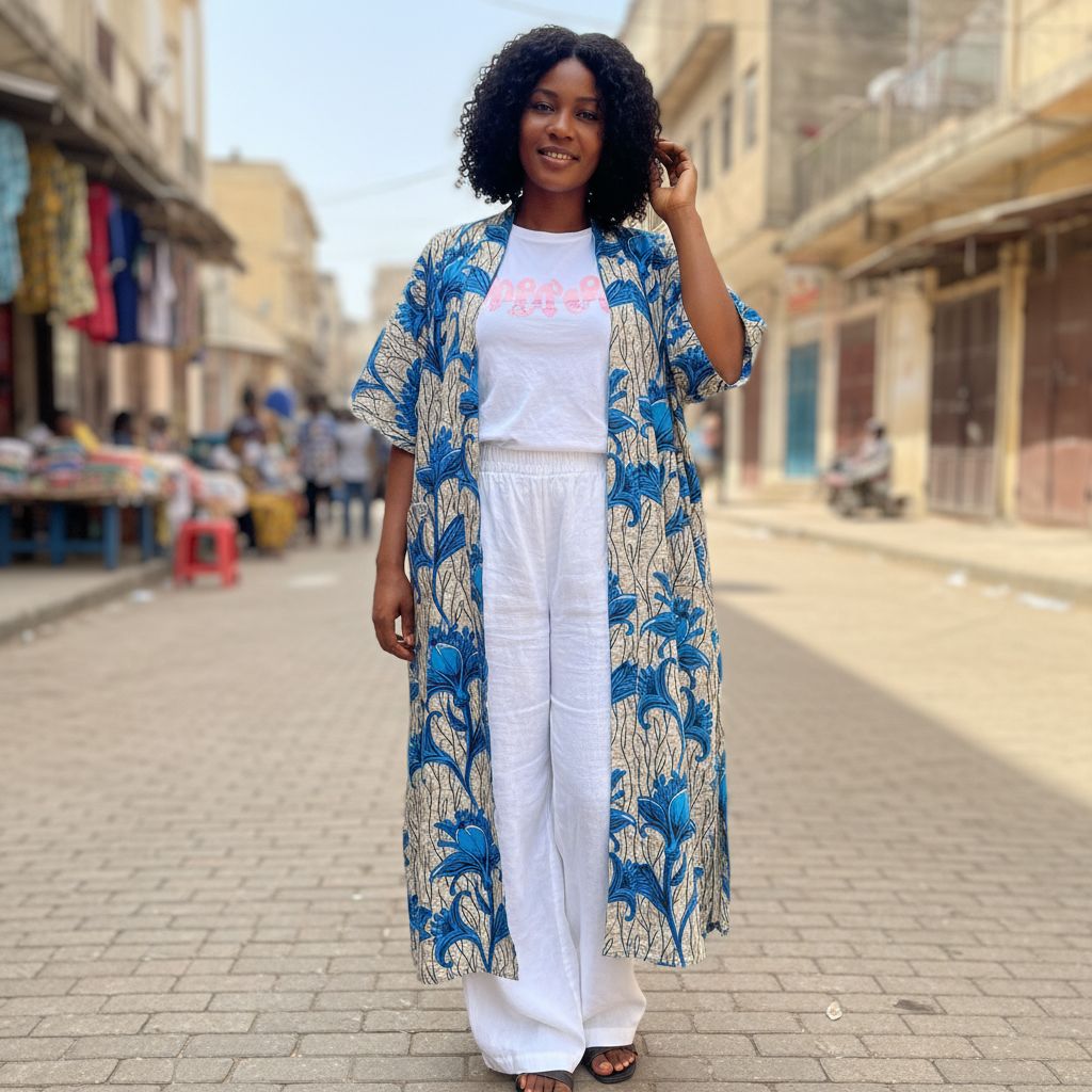 Ensemble tunique wax femme et pantalon lin blanc, grande taille chic
