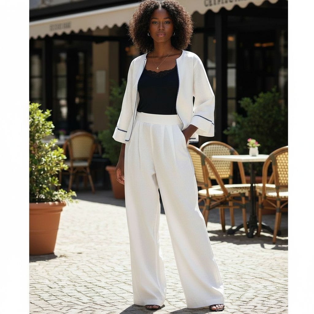 pantalon femme en lin blanc bleu