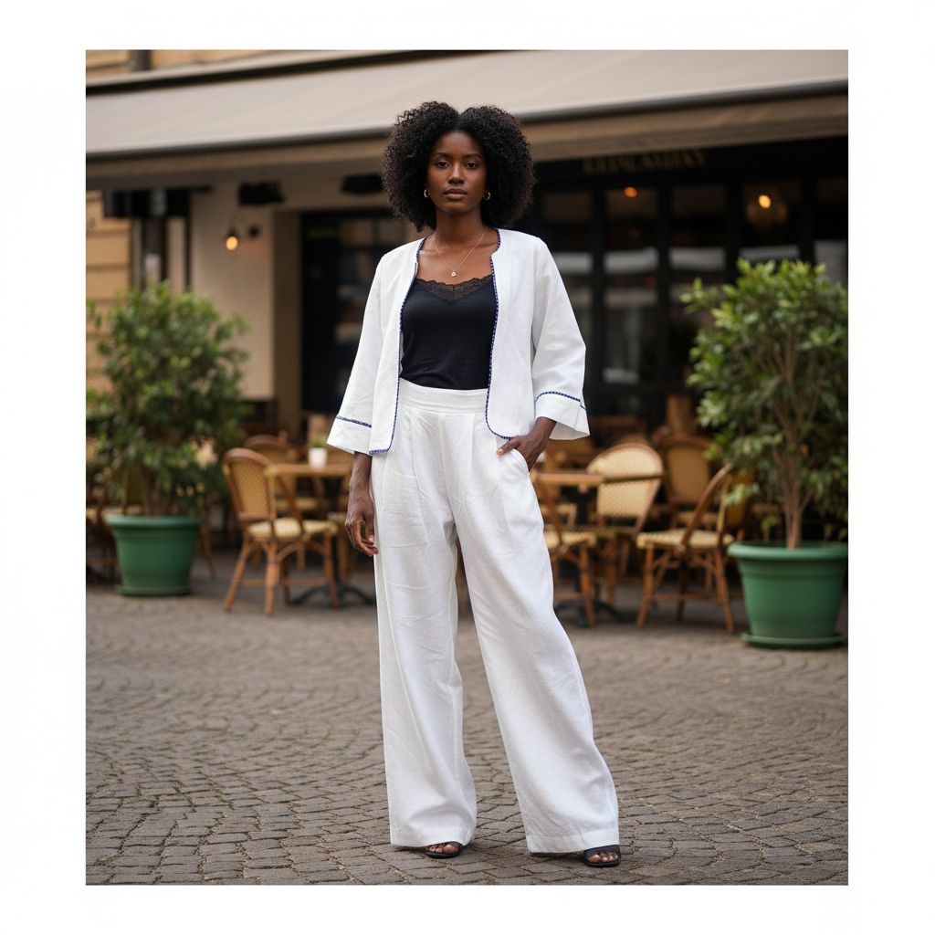 pantalon femme en lin blanc bleu