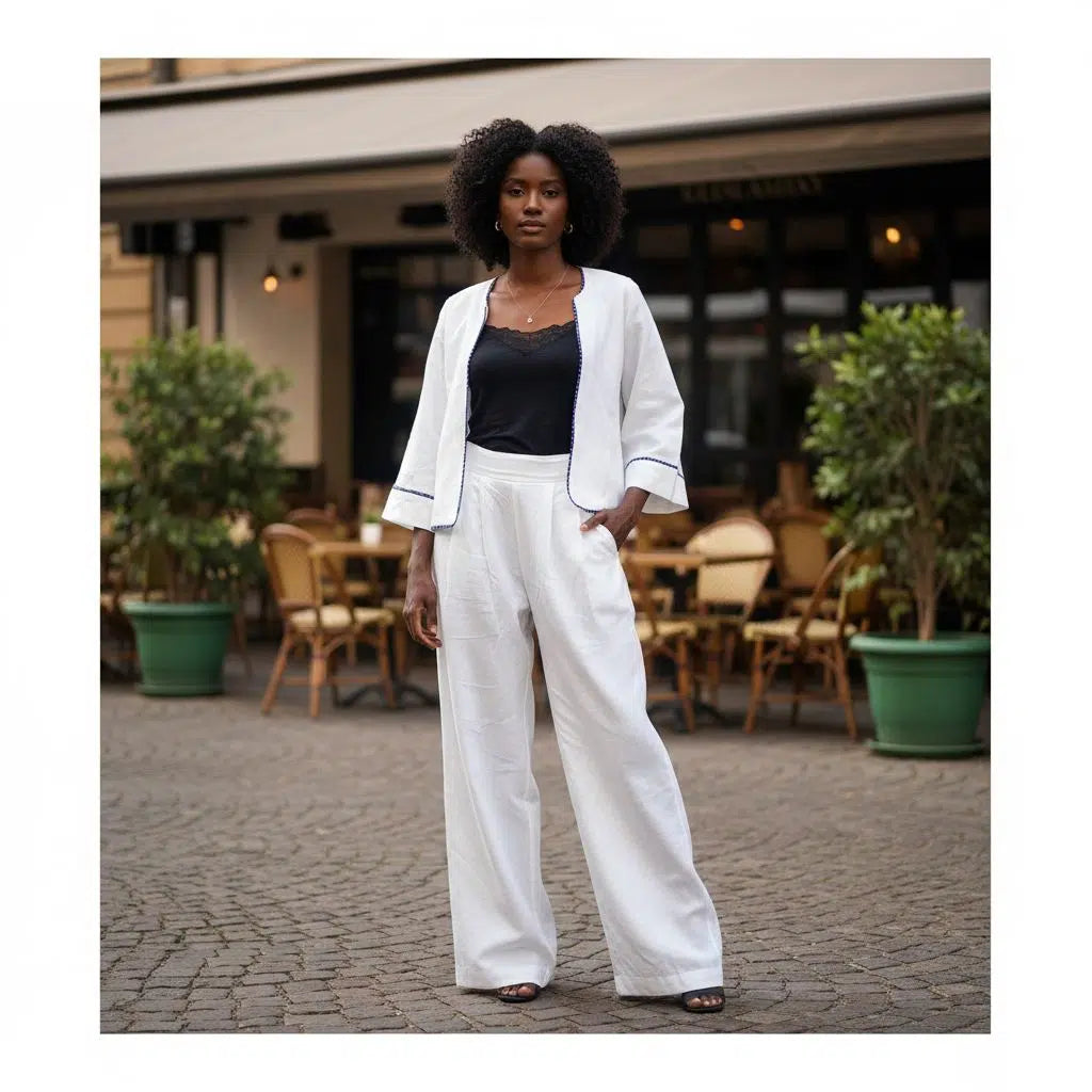pantalon femme en lin blanc bleu