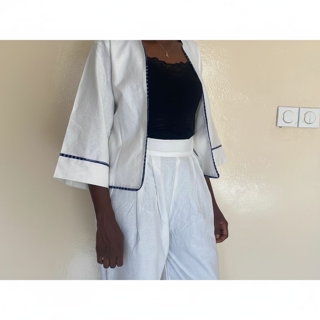 pantalon femme en lin blanc bleu