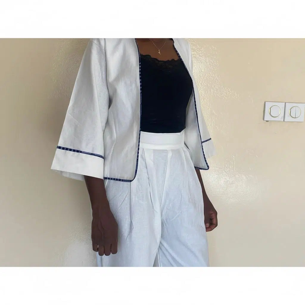 pantalon femme en lin blanc bleu