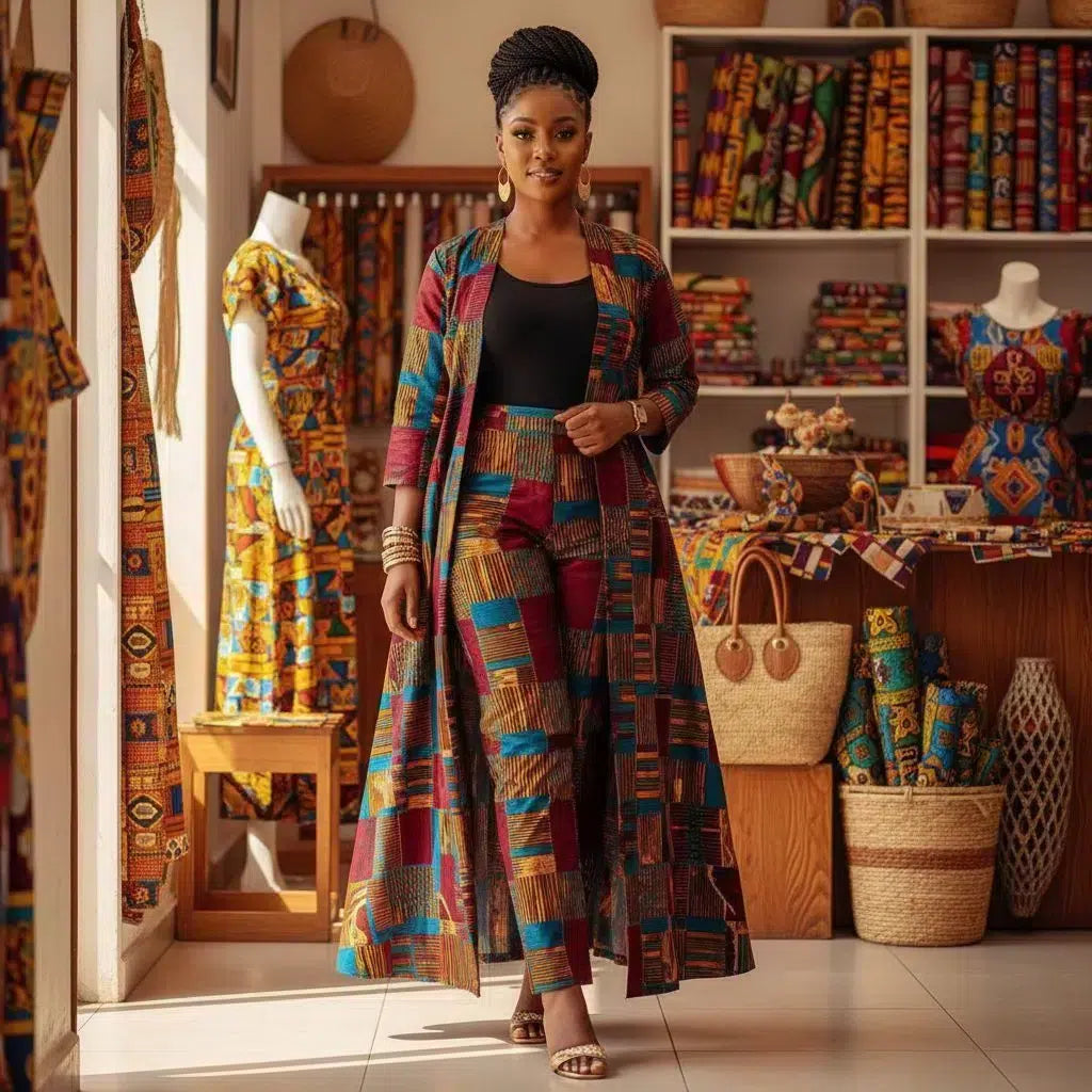 COLLECTION HYVER/Ensemble wax femme manteau et pantalon Kinte Gold élégant artisanal coton