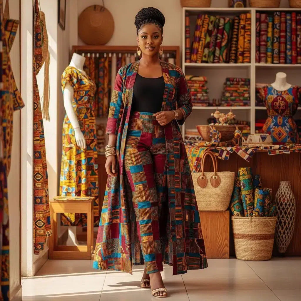 COLLECTION HYVER/Ensemble wax femme manteau et pantalon Kinte Gold élégant artisanal coton