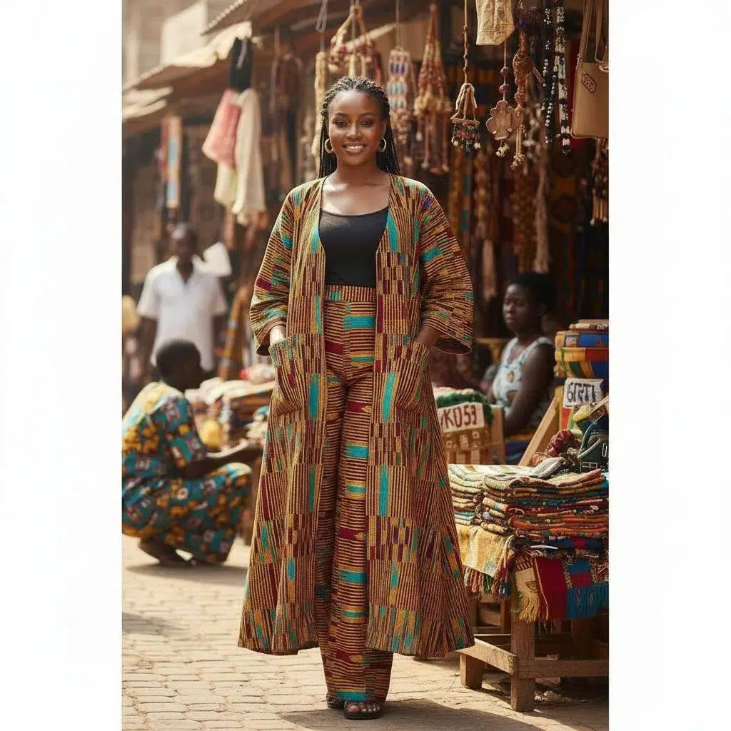 COLLECTION HYVER/Ensemble wax femme manteau et pantalon Kinte Gold élégant artisanal coton