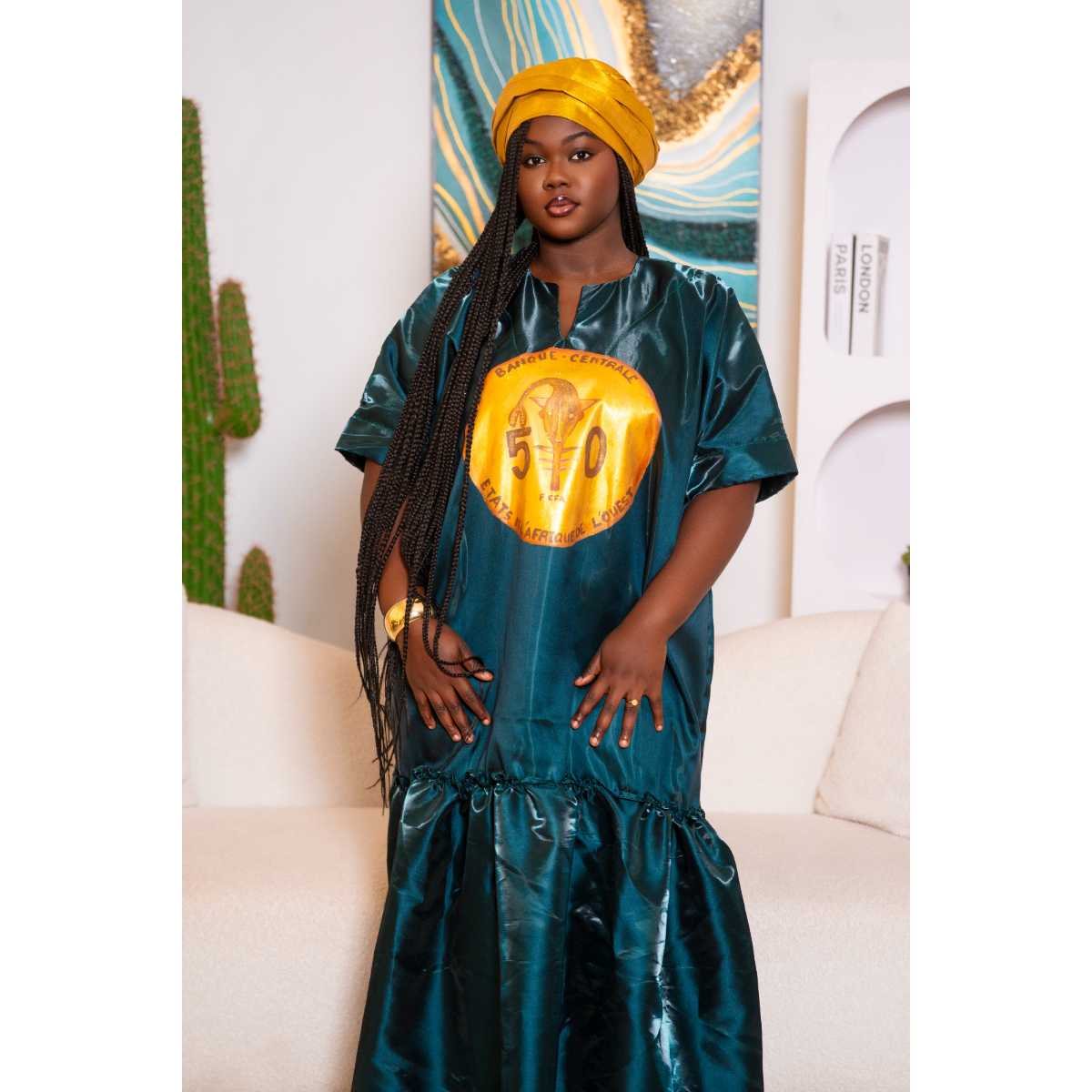 Boubou femme élégant mikado peint main avec foulard, robe longue chic