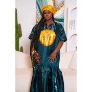 Boubou femme élégant mikado peint main avec foulard, robe longue chic