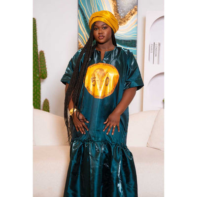 Boubou femme élégant mikado peint main avec foulard, robe longue chic