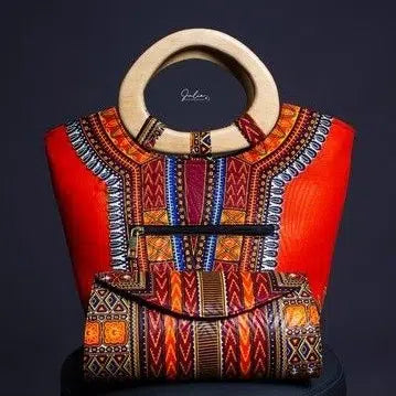 Sac à main femme ethnique wax africain avec pochette, poignée bois chic