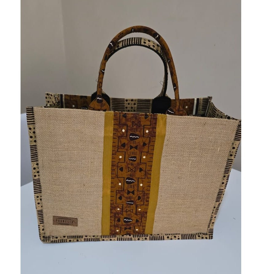 Sac Écologique Boho-Chic en Jute Marron - Motifs Africains Authentiques
