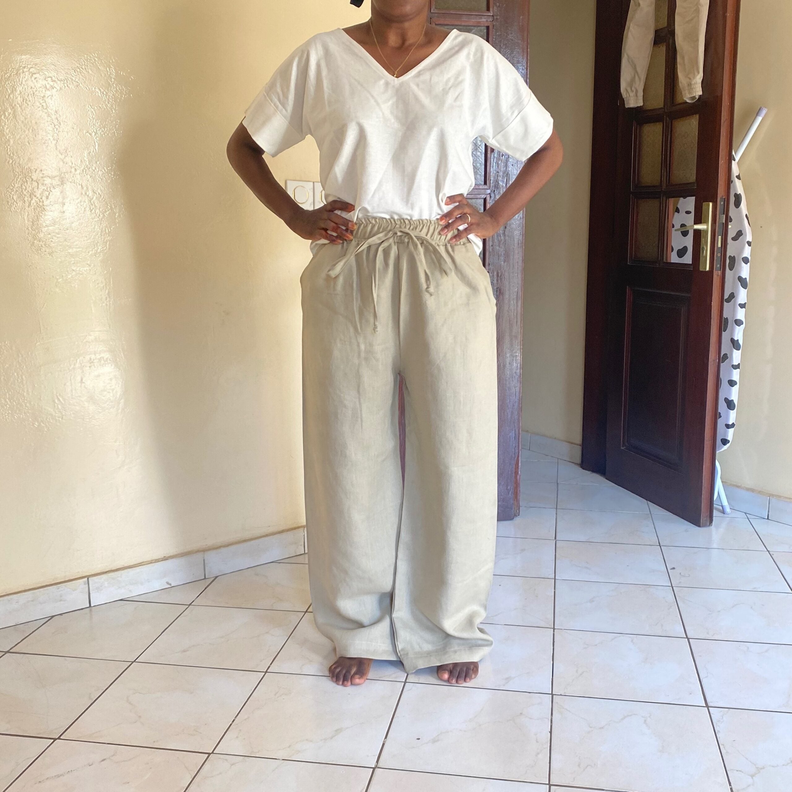 Pantalon large femme vert très vif taille haute fluide