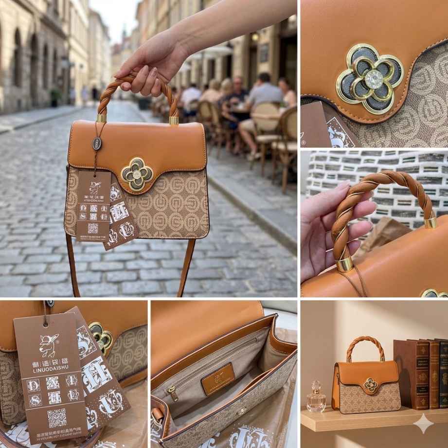 Sac à main femme cuir synthétique élégant, carré structuré, marron et doré