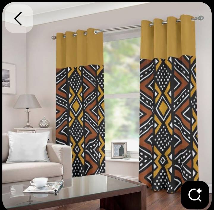 Rideau wax africain motif géométrique ocre jaune et bleu, déco salon moderne