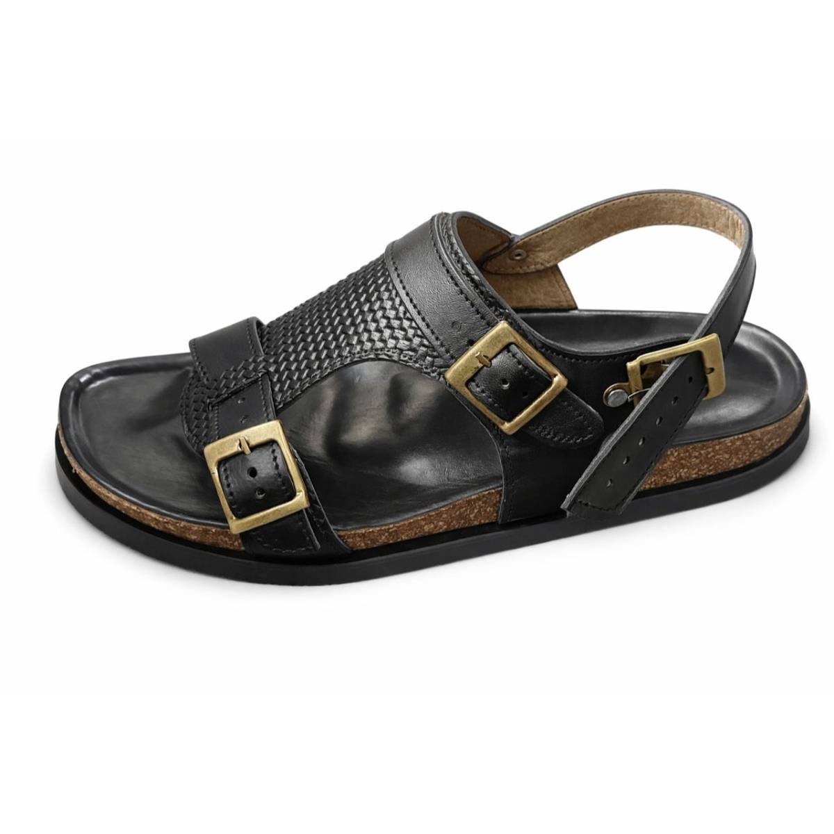 Sandale homme cuir noire élégante et confortable, semelle liège ajustable