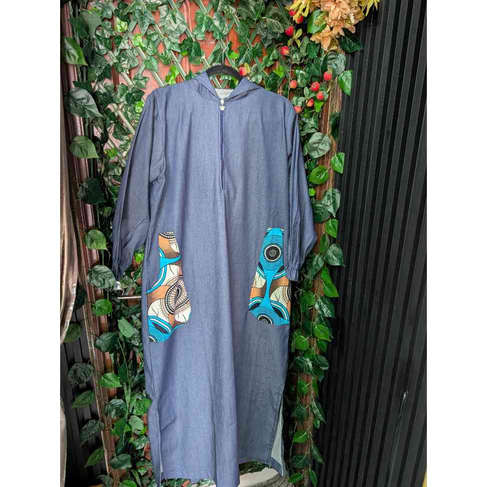 Tunique jean femme à capuche, coton épais bleu, style ethnique avec poches