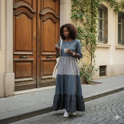 Robe maxi coton femme patchwork gris, ample chic à carreaux avec poches