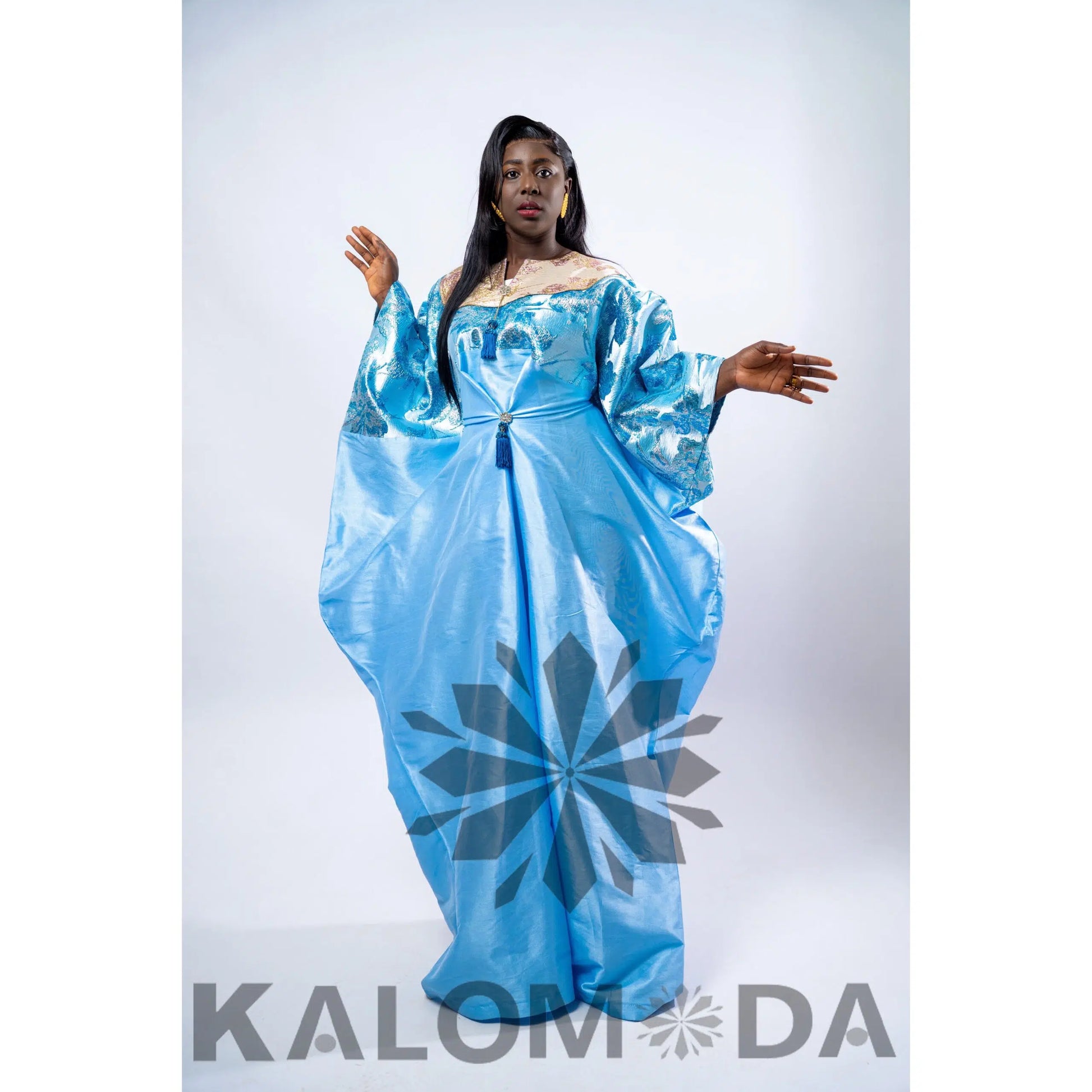 Bubu africain femme blue cien – Robe longue satinée élégante cérémonie