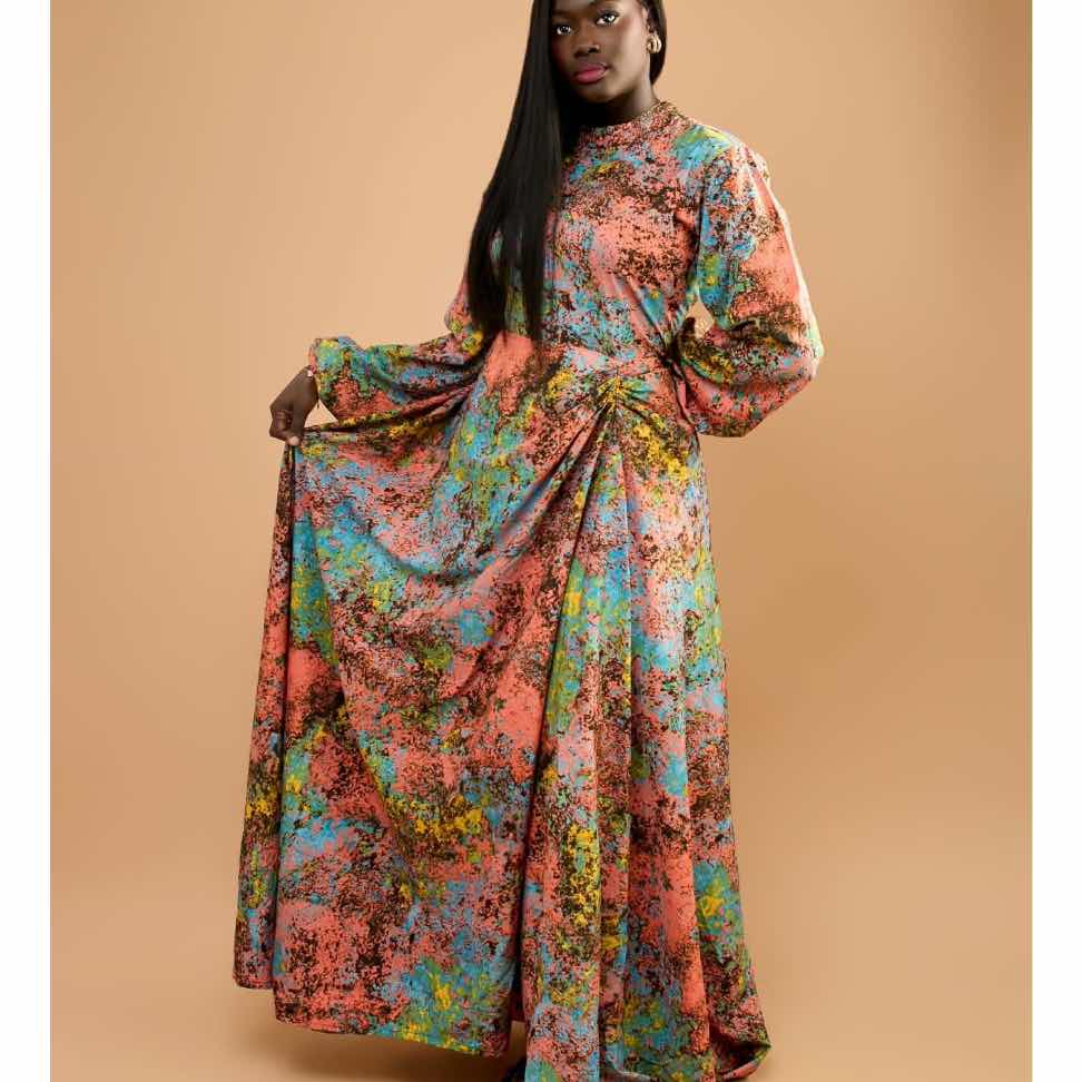 Robe coton multicolore femme longue imprimé abstrait, élégante et fluide