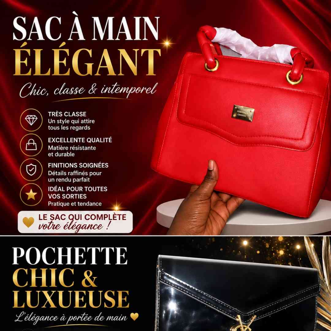 Sac à main élégant femme cuir synthétique, sacoche rouge chic ou noire