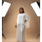 Ensemble jupe et haut femme bohème chic coton blanc cassé à pois verts