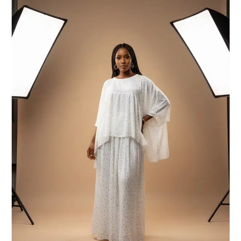 Ensemble jupe et haut femme bohème chic coton blanc cassé à pois verts