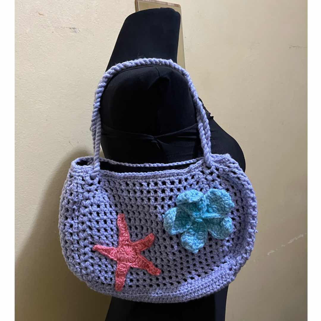 Sac de plage crochet lilas fait main, motif étoile de mer, style bohème