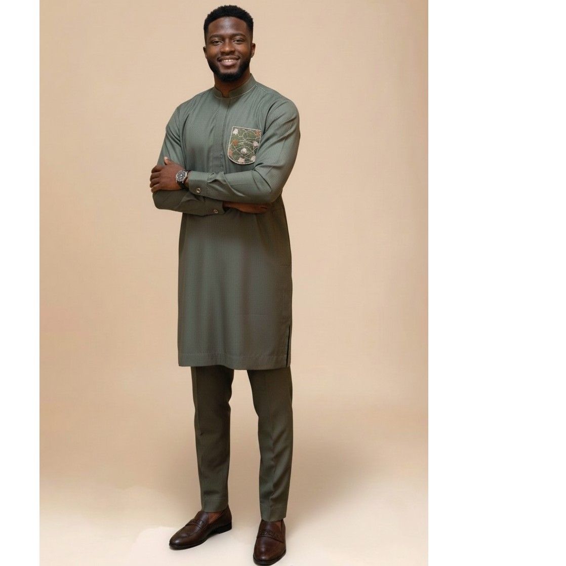 Elegant Khaki Mao Collar Men's Set – Modern Chic Ceremony Suit
