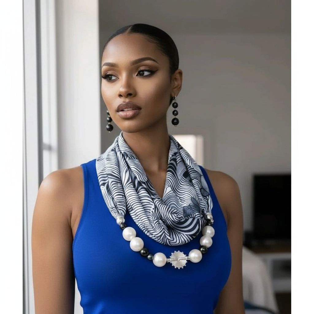 Foulard en soie noir et blanc avec perles, accessoire chic femme élégant